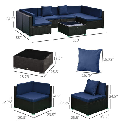 Outsunny 7-Piece Patio Furniture Sets Outdoor Wicker Conversation Sets All Weather PE Rattan Sectional Sofa Set with Cushions & Tempered Glass Desktop, Dark Blue - CookCave