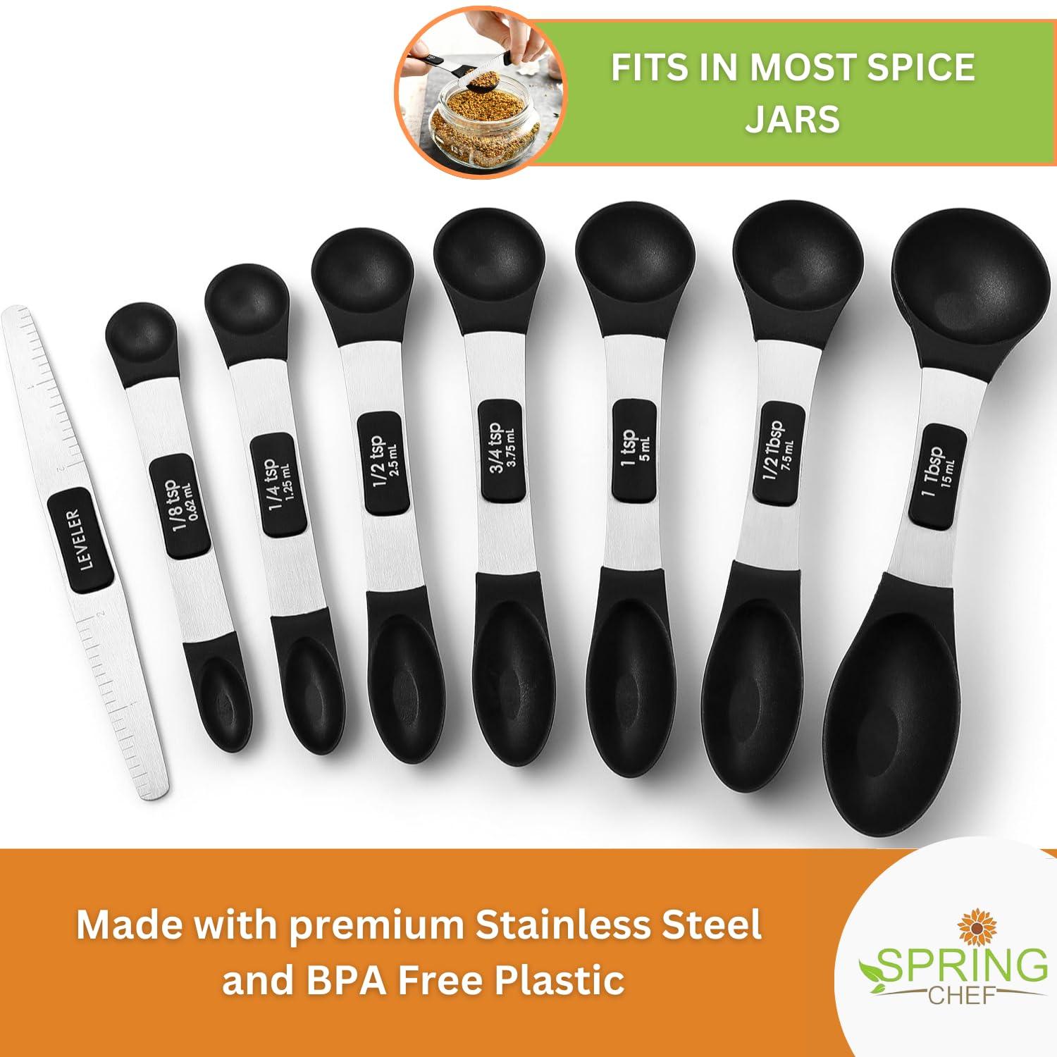 Spring Chef Magnetic Measuring Spoons Set, Dual Sided and Lightweight, Stainless Steel Metal & BPA Free Plastic, Fits in Most Kitchen Spice Jars for Baking & Cooking, Black, Set of 8 with Leveler - CookCave