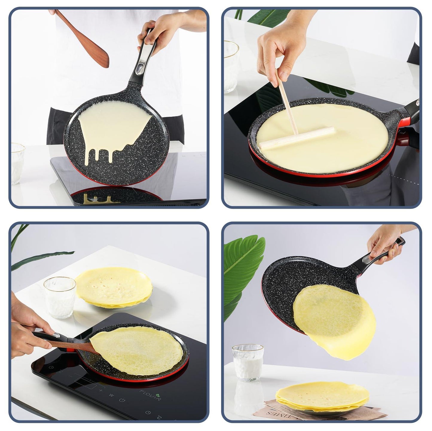 ROSSETTO Non-Stick Crepes Pan, 9.5in, Red Aluminum, All Stovetop Compatible, PFOA and PTFE-Free, for Pancakes, Eggs, Quesadillas, Tortillas - CookCave