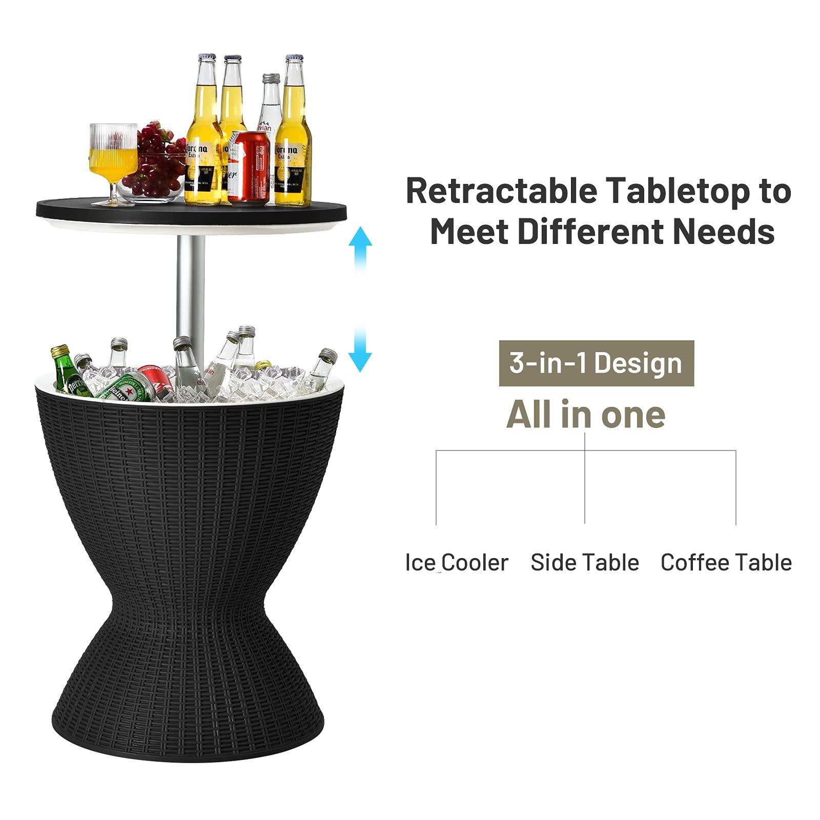 Tangkula Outdoor Cool Bar Table, Rattan Patio 8 Gallon Beer and Wine Cooler, All-Weather Ice Bucket w/Height Adjustable Top, Drainage Plug, 3-in-1 Cocktail Coffee Table for Party, Picnic (Black) - CookCave