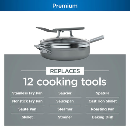 Ninja NeverStick PossiblePan, Premium Set with 4-Quart Capacity Pan, Steamer/Strainer Basket, Glass Lid & Integrated Spatula, Nonstick, Durable & Oven Safe to 500°F, Sea Salt Grey, CW102GY - CookCave