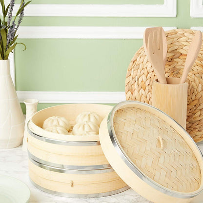 Juvale 2-Tier 10 Inch Bamboo Steamer Basket with Steel Rings - Large Capacity Dumpling, Vegetable Steamer Basket (10x6.5x10 in) - CookCave