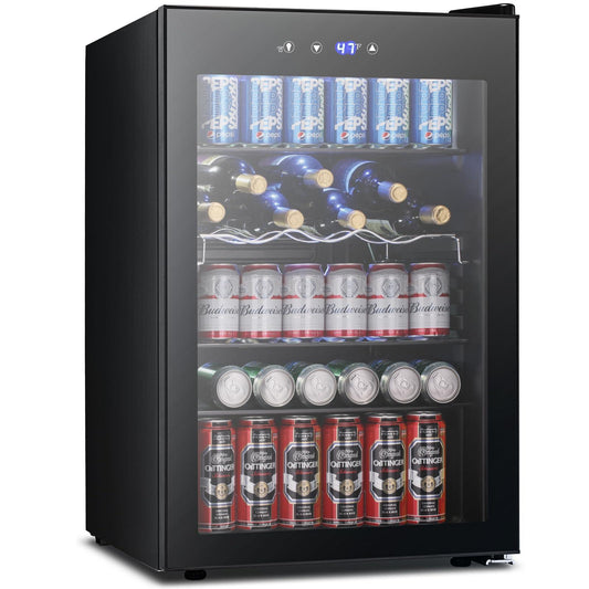 Joy Pebble Beverage Refrigerator Cooler,145 Can Mini Fridge with Glass Door for Beer Soda Wine, Small Drink Fridge with Adjustable Thermostat, Beverage Fridge for Bar Home Office,4.4Cu.Ft, Black - CookCave