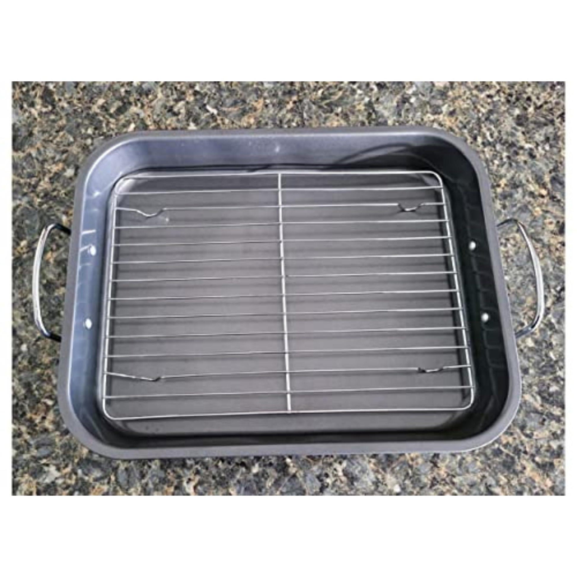 Deluxe Non Stick Roaster Pan/Turkey Roasting Pan with Rack and Handles, Excellent Broiler Pan for Turkeys, Hams and Chickens 14.5" x 11.5", Black - CookCave