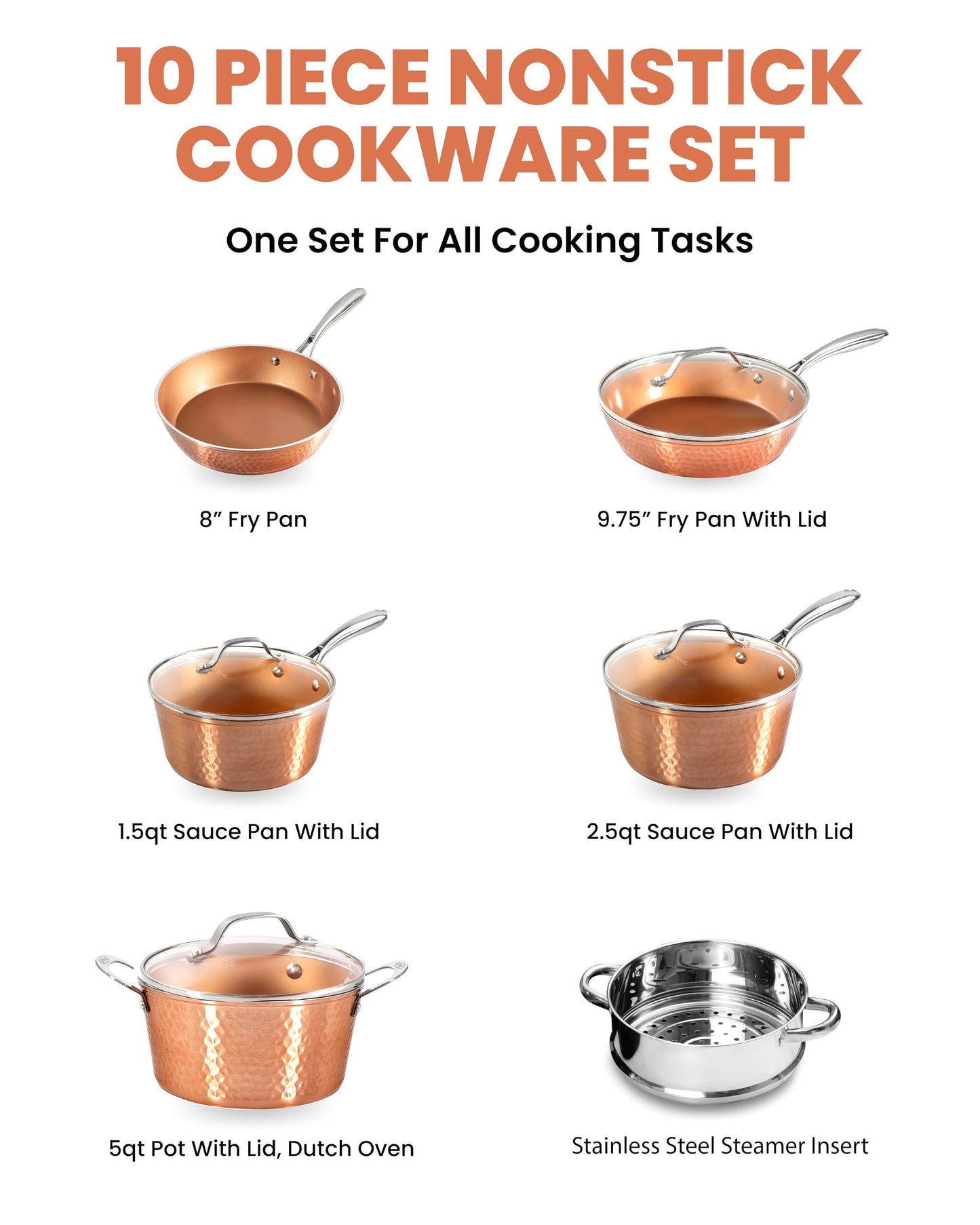 Gotham Steel Hammered Copper 10 Pc Pots and Pans Set Non Stick Cookware Set, Non Toxic Ceramic Cookware Set, Kitchen Cookware Sets with Induction Cookware, Pot and Pan Set, Oven/Dishwasher Safe - CookCave