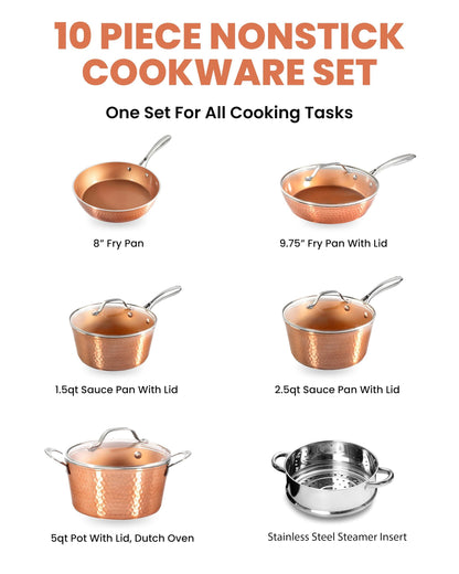 Gotham Steel Hammered Copper 10 Pc Pots and Pans Set Non Stick Cookware Set, Non Toxic Ceramic Cookware Set, Kitchen Cookware Sets with Induction Cookware, Pot and Pan Set, Oven/Dishwasher Safe - CookCave