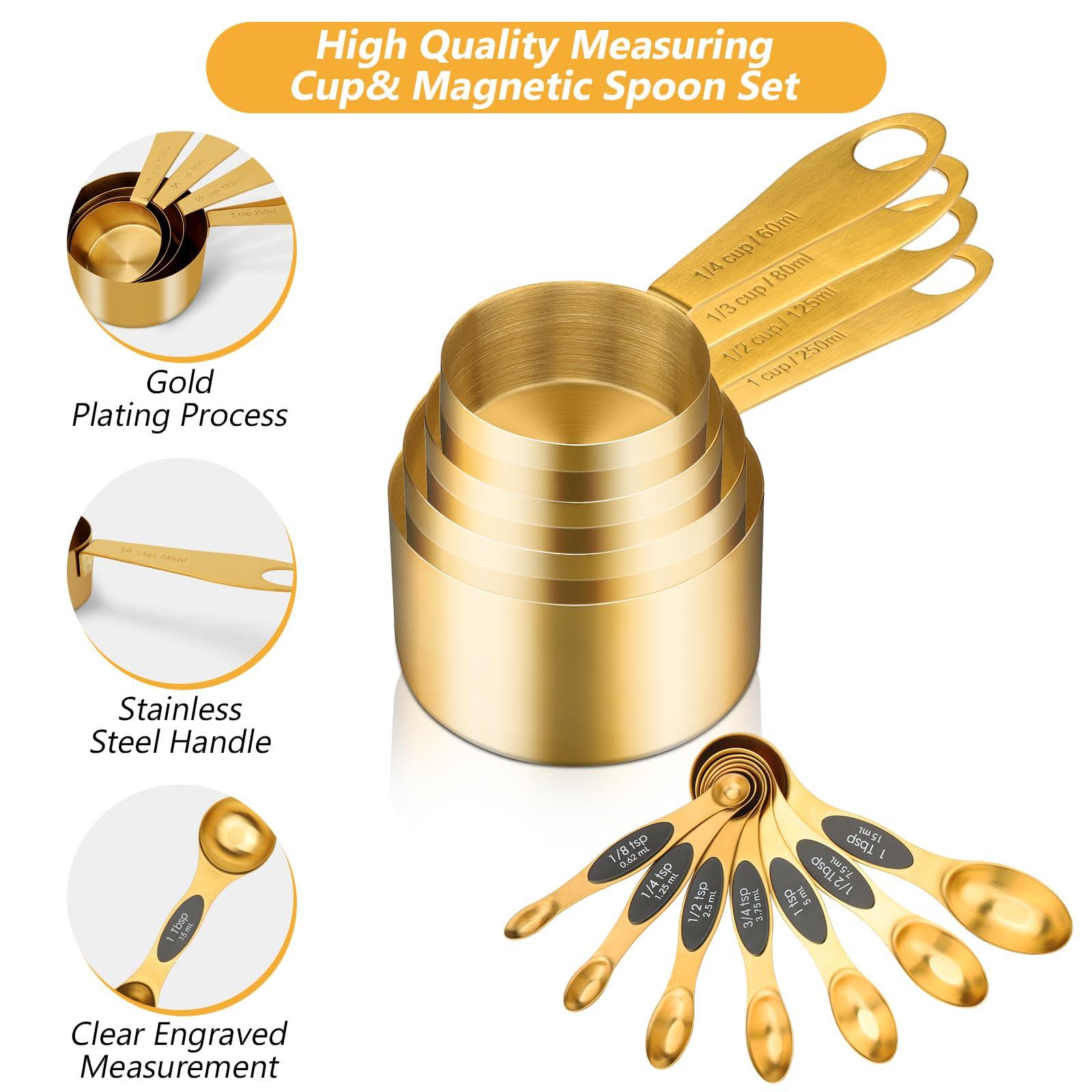 GuDoQi Gold Magnetic Measuring Spoons and Cups Set of 12, 8 Dual Sided Magnetic Measuring Spoons set with Leveler, 4 Measuring Cups, Premium Stainless Steel, Measuring for Liquid and Dry Ingredients - CookCave