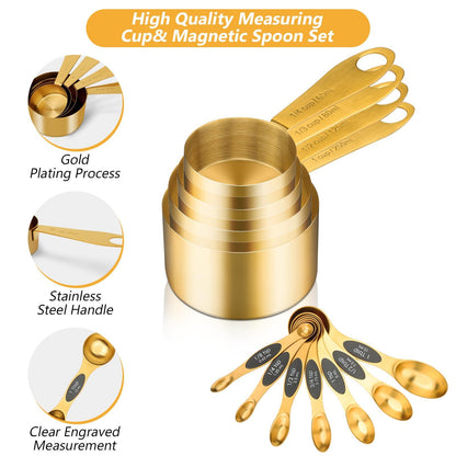 GuDoQi Gold Magnetic Measuring Spoons and Cups Set of 12, 8 Dual Sided Magnetic Measuring Spoons set with Leveler, 4 Measuring Cups, Premium Stainless Steel, Measuring for Liquid and Dry Ingredients - CookCave