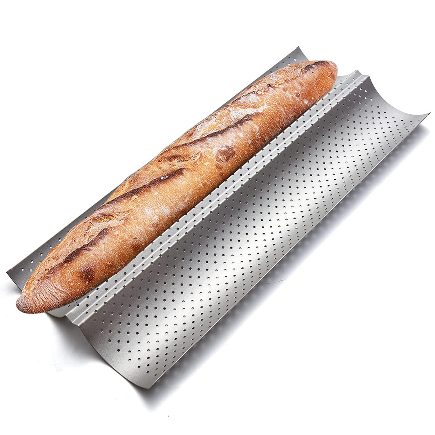 KITESSENSU Nonstick Baguette Pans for French Bread Baking, Perforated 2 Loaves Baguettes Bakery Tray, 15" x 6.3", Silver - CookCave