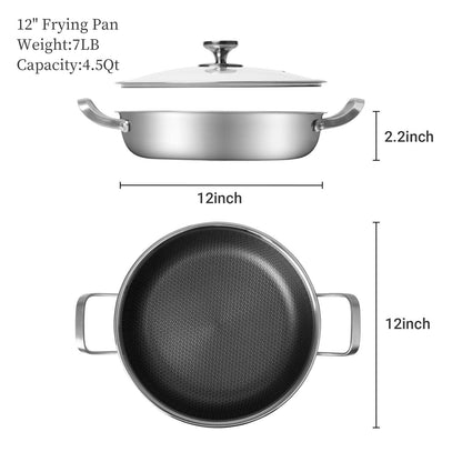 12 inch Stainless Steel Frying Pan 4.5 QT Saute Pan Non-stick Omelette Pan Skillet Frying Pan with Cooling Handle and Glass Lid for Induction, Gas, Ceramic and Electric Stovetops - CookCave