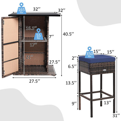 Tangkula 5 Piece Outdoor Rattan Bar Set, Patio Bar Furniture with 4 Cushions Stools and Smooth Top Table with Hidden Storage Shelf, Outdoor Conversation Set for Poolside, Backyard, Lawn (Navy Blue) - CookCave