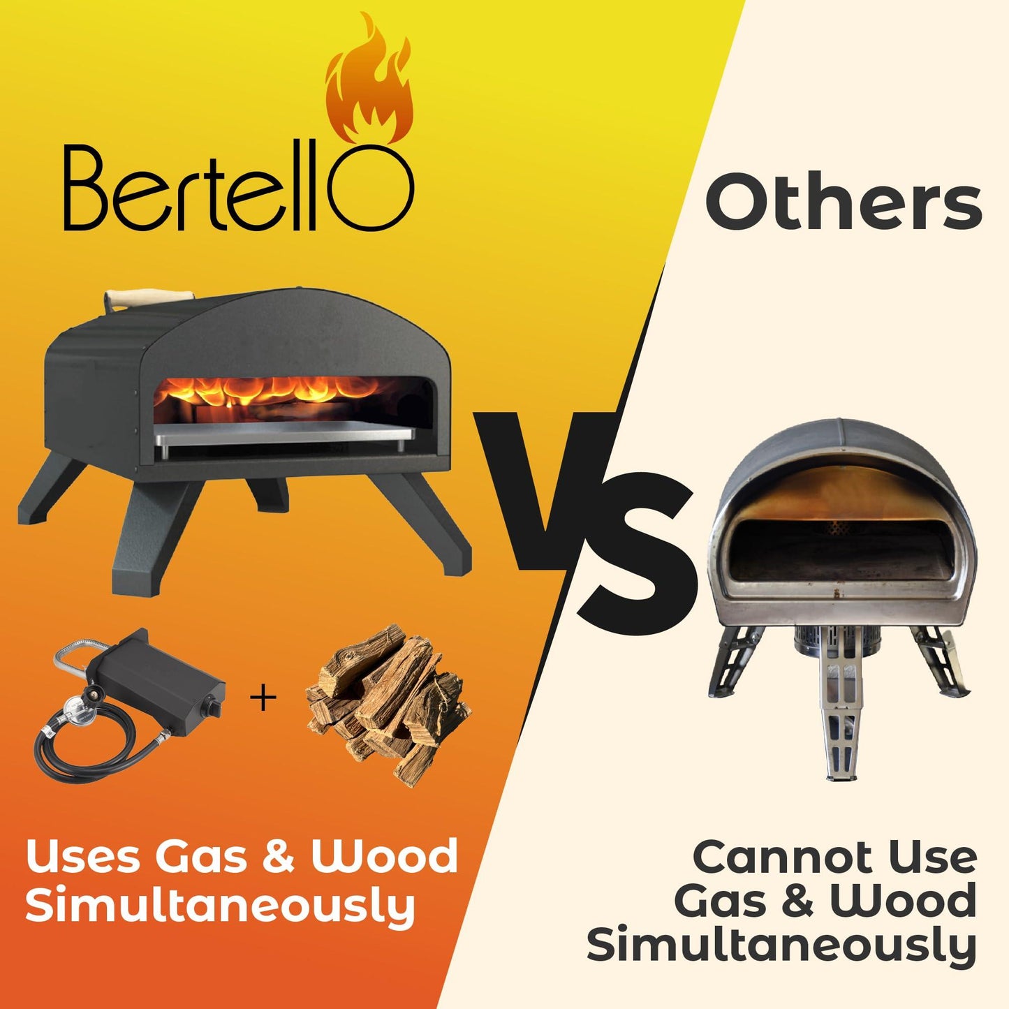 Bertello Outdoor Pizza Oven Bundle-Gas & Wood Simultaneously-Portable Brick Oven Portable Pizza Maker With Gas Burner, Peel, Wood Tray, Cover & Thermometer - As Featured on SHARK TANK - Easy to Use - CookCave