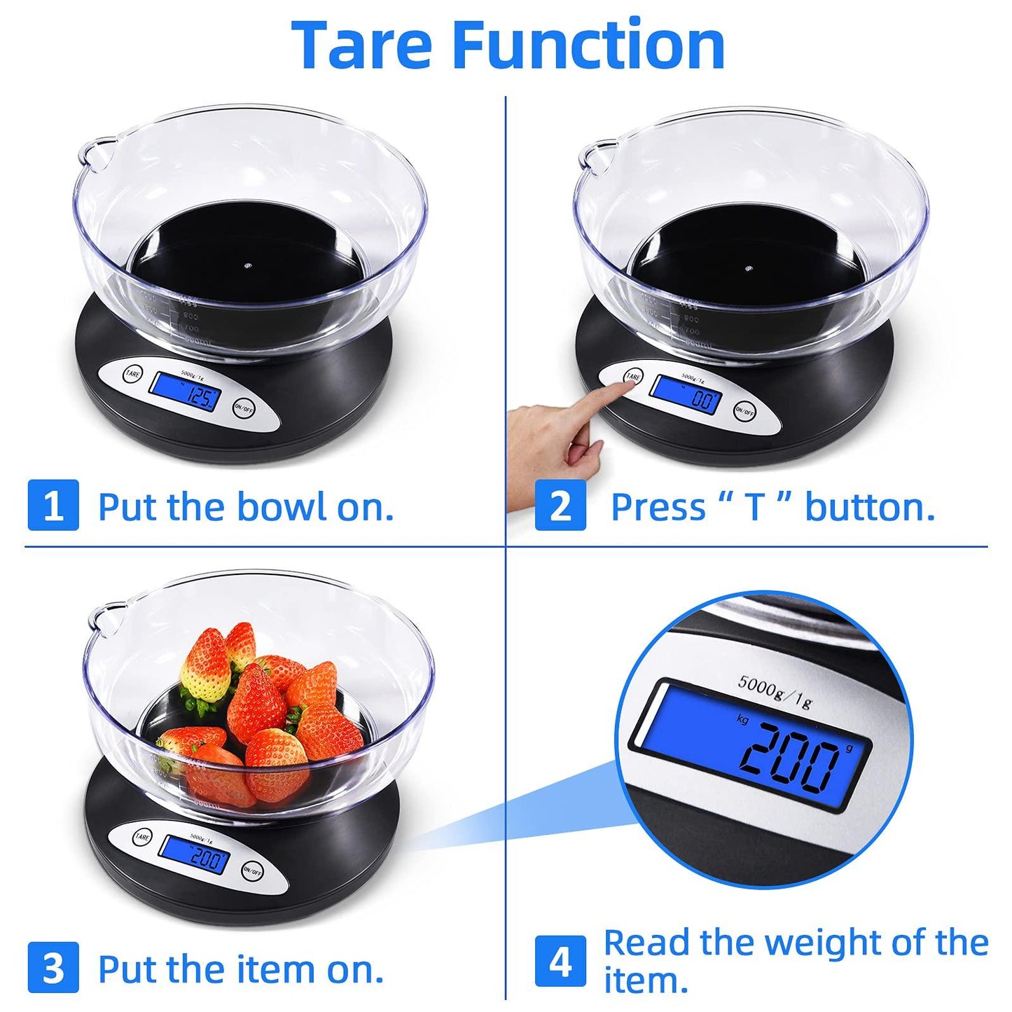 THINKSCALE Digital Kitchen Scale, Highly Accurate 5000g/11lb x 0.1oz, Food Scale for Cooking, Baking and Weight Loss, Kitchen Scale with Bowl 2 Modes and Tare Features, Back-lit LCD Display - CookCave