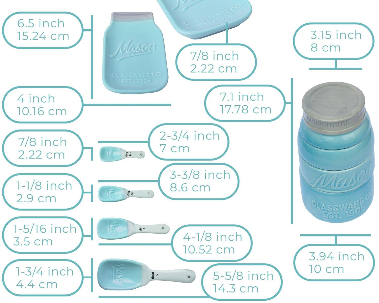 Vintage Mason Jar Kitchenware Set by Comfify - Multi-Piece Kitchen Ceramic Décor Set w/ 4 Measuring Cups, 4 Measuring Spoons and Spoon Rest - Attractive Vintage Style, in Aqua Blue Embossed Ceramic - CookCave