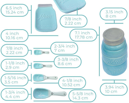 Vintage Mason Jar Kitchenware Set by Comfify - Multi-Piece Kitchen Ceramic Décor Set w/ 4 Measuring Cups, 4 Measuring Spoons and Spoon Rest - Attractive Vintage Style, in Aqua Blue Embossed Ceramic - CookCave