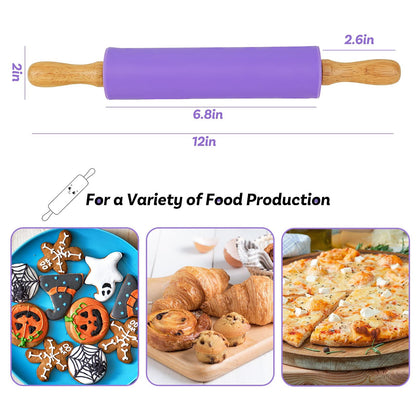 Koogel 12 Inch Silicone Purple Rolling Pin Handle Rolling Pin Non-Stick Silicone Rolling for Kids Kitchen Activity - CookCave