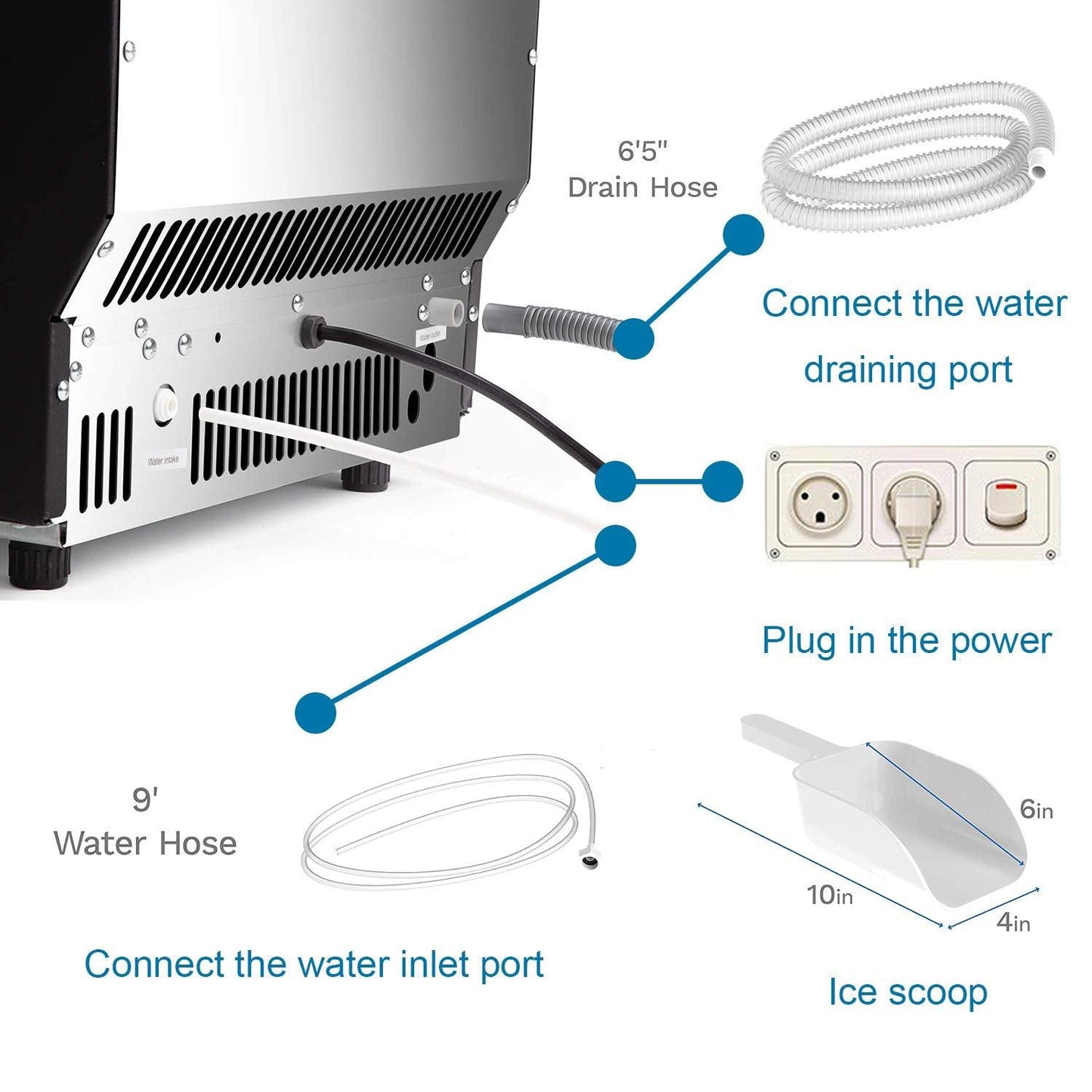 Antarctic Star Commercial Ice Makers Machine Stainless Steel Makers 200 Lbs of Ice Per 24H with 48 Pounds Storage Capacity Ice Cubes Freestanding Party/Bar/Restaurant Scoop Connection Hose Silver - CookCave