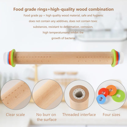 Wood Rolling Pin With 4 Adjustable Thickness Rings, Non-stick Dough Roller For Baking, 17 Inch Pizza Roller For Kitchen supplies, Handle Press Design For Fondant, Pizza, Pie Crust, Cookie, Pastry - CookCave