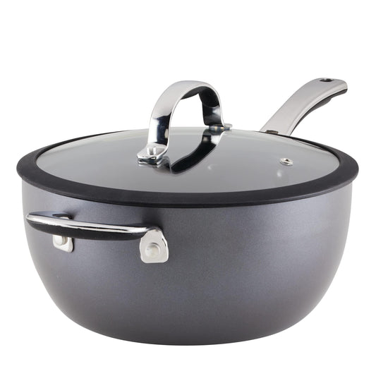 Rachael Ray Cook + Create Hard Anodized Nonstick Saucier Pan/Saucepan with Lid and Helper Handle, 4.5 Quart - Black - CookCave