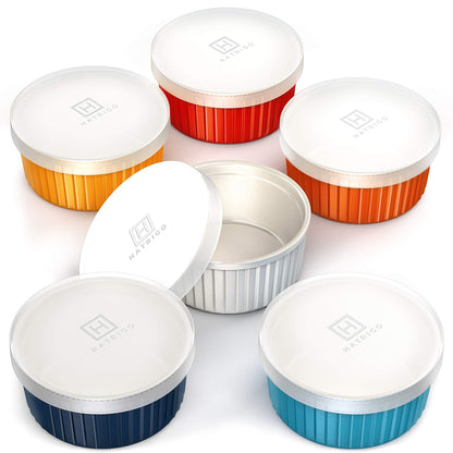 Hatrigo Porcelain Ramekins with Silicone Storage Lids, Set of 6 Assorted Colors, 10 oz Oven Safe to 450 deg F, Dishwasher Safe - CookCave