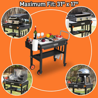 EUTRKei Grill Table for Blackstone Griddle, Portable Griddle Table with Caddy - Fit 17” or 22” Other Tabletop Grill, Foldable Ninja Grill Stand& Blackstone Griddle Stand for Outdoor Tailgating-Camping - CookCave