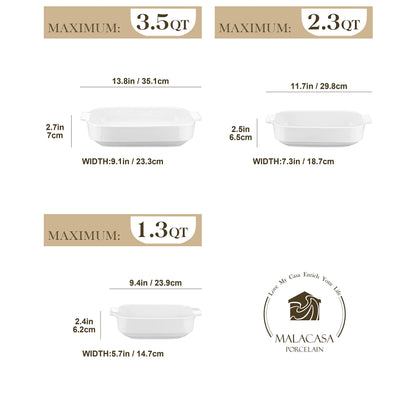 MALACASA Casserole Dishes for Oven, Ceramic Baking Dishes Set of 3, White Casserole Dish Set Lasagna Pan Deep, Baking Dish for Casserole, Bakeware Set with Handles (13.8''/11.7''/9.4''), Series BAKE - CookCave