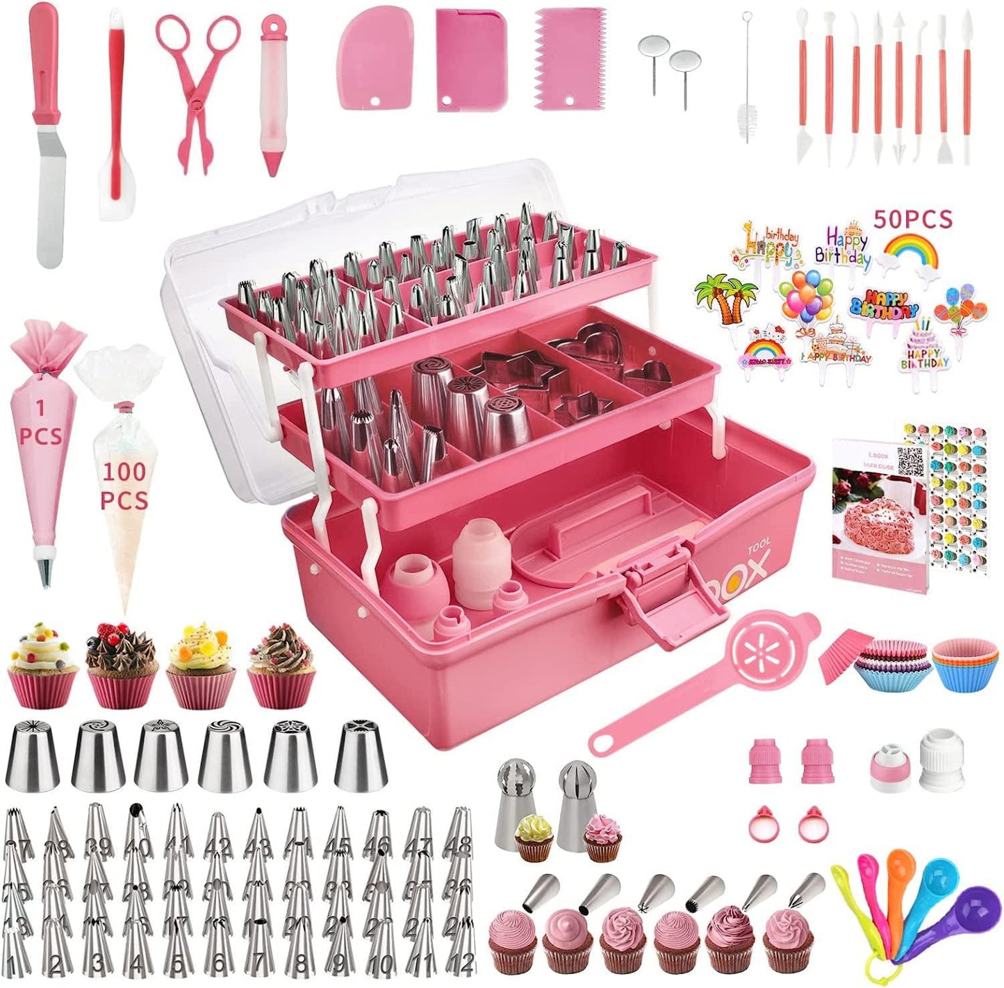 Cake Decorating Supplies Tools Kit: 358pcs Baking Accessories with Storage Case - Piping Bags and Icing Tips Set - Cupcake Cookie Frosting Fondant Bakery Set for Adults Beginners or Professional/Pink - CookCave