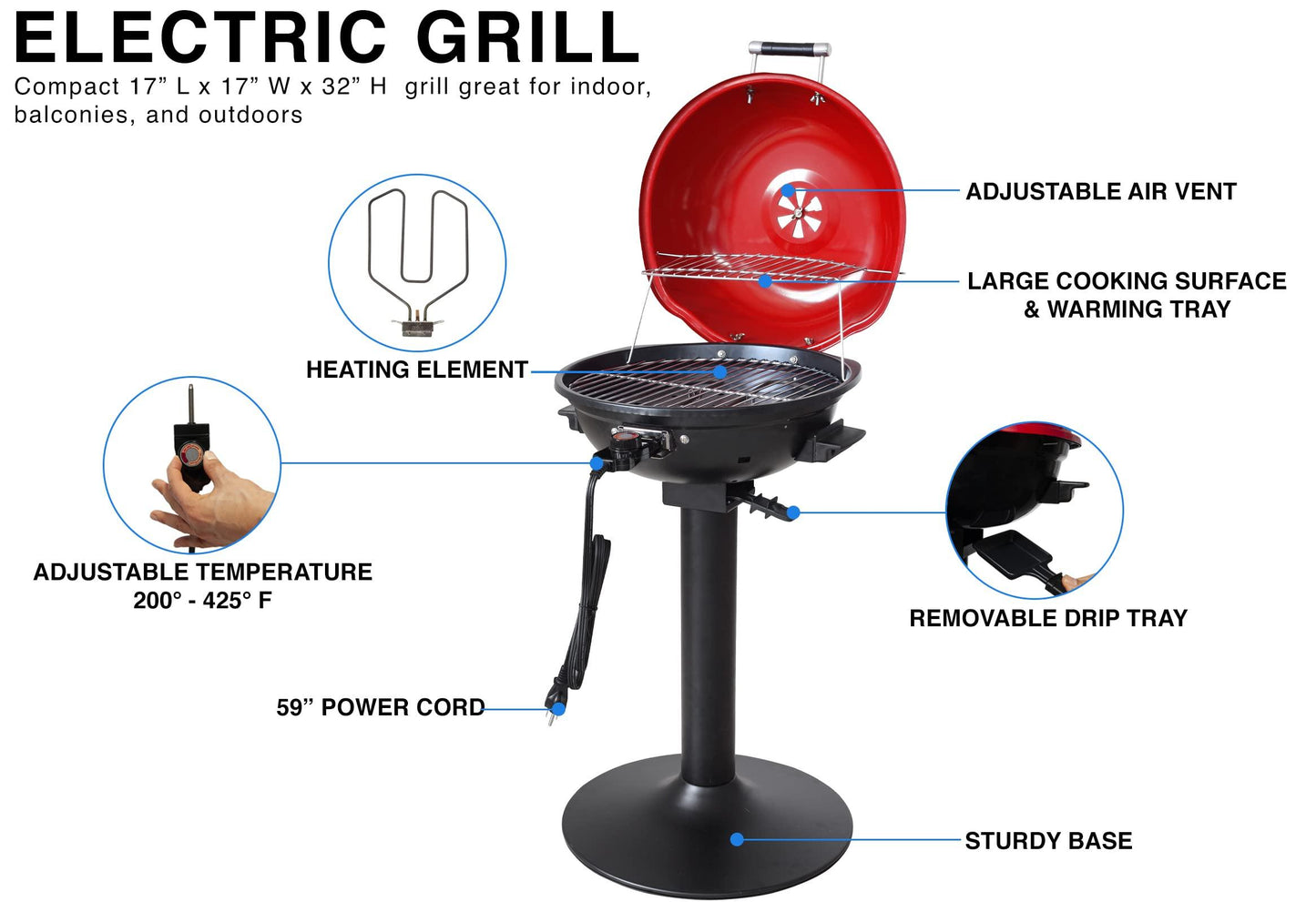 Homewell Electric BBQ Grill for Indoor & Outdoor Grilling with Warming Rack - Portable Patio Grill 1600 Watts (Red) - CookCave