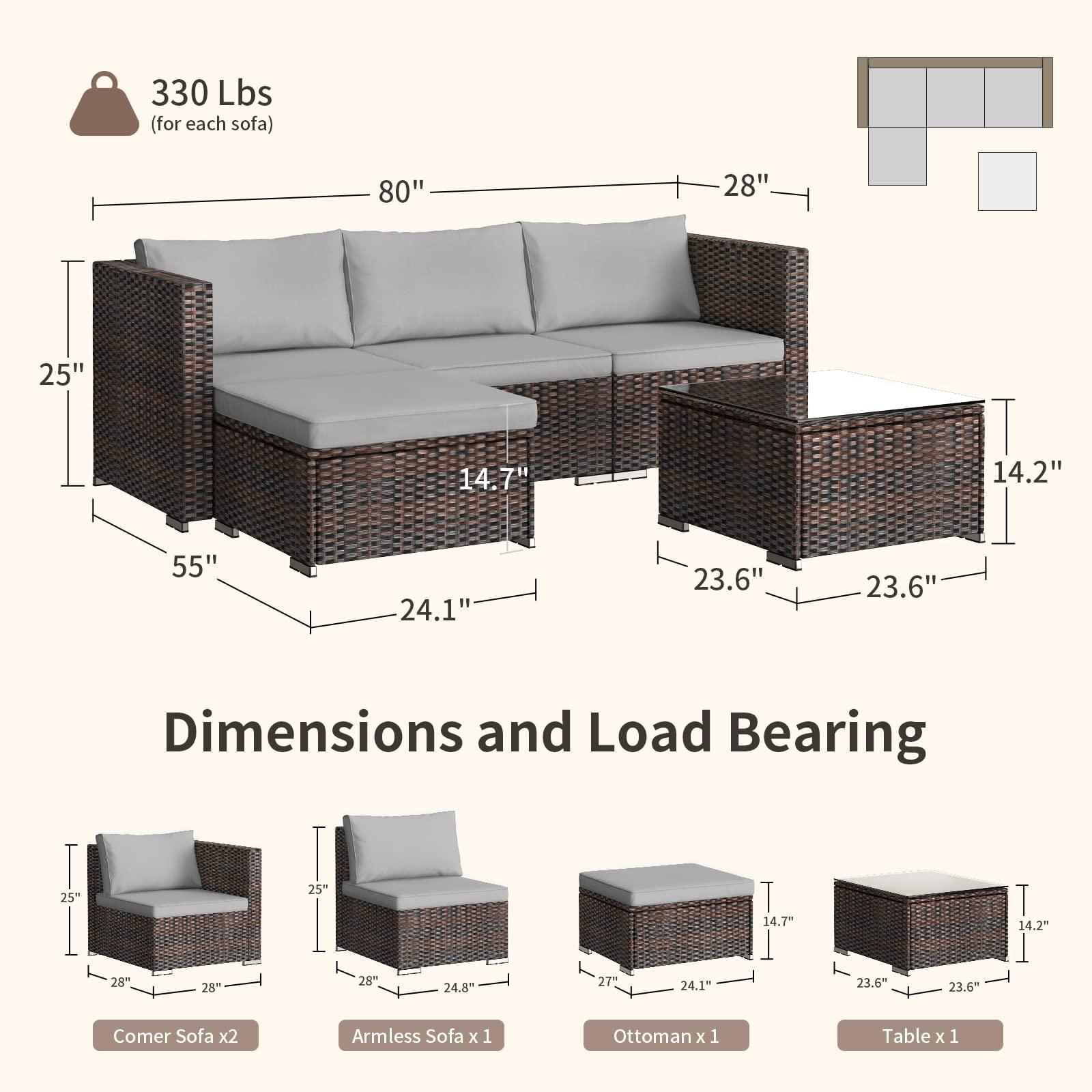 Qsun Outdoor Patio Sofa Set PE Wicker Rattan Sectional Conversation Sofa with a Glass Coffee Table for Backyard Porch Poolside Patio(Brown Rattan, Grey Cushion) - CookCave