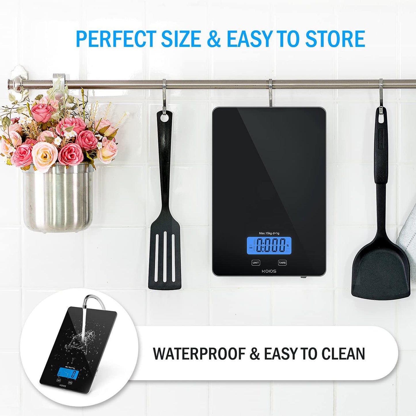 KOIOS Food Scale, 33lb/15Kg Digital Kitchen Scale for Food Ounces and Grams Cooking Baking, 1g/0.1oz Precise Graduation, Waterproof Tempered Glass, USB Rechargeable, 6 Weight Units, Tare Function - CookCave