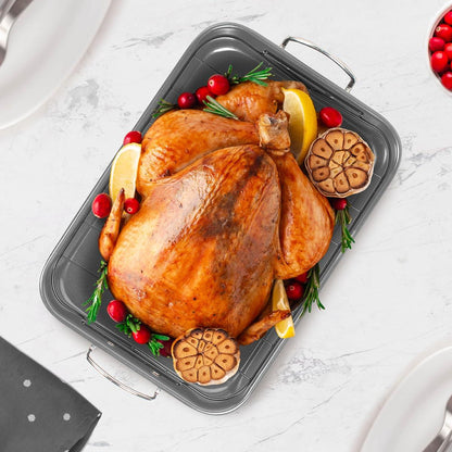 Glad Roasting Pan Nonstick 11x15 - Heavy Duty Metal Bakeware Dish with Rack - Large Oven Roaster Tray for Baking Turkey, Chicken, and Veggies - CookCave