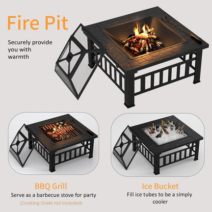 Flamaker Outdoor Fire Pit 32 Inch Patio Square Metal Firepit with Cover Poker & Grate Wood Burning Fireplace Backyard Stove for Outside Heating Camping - CookCave