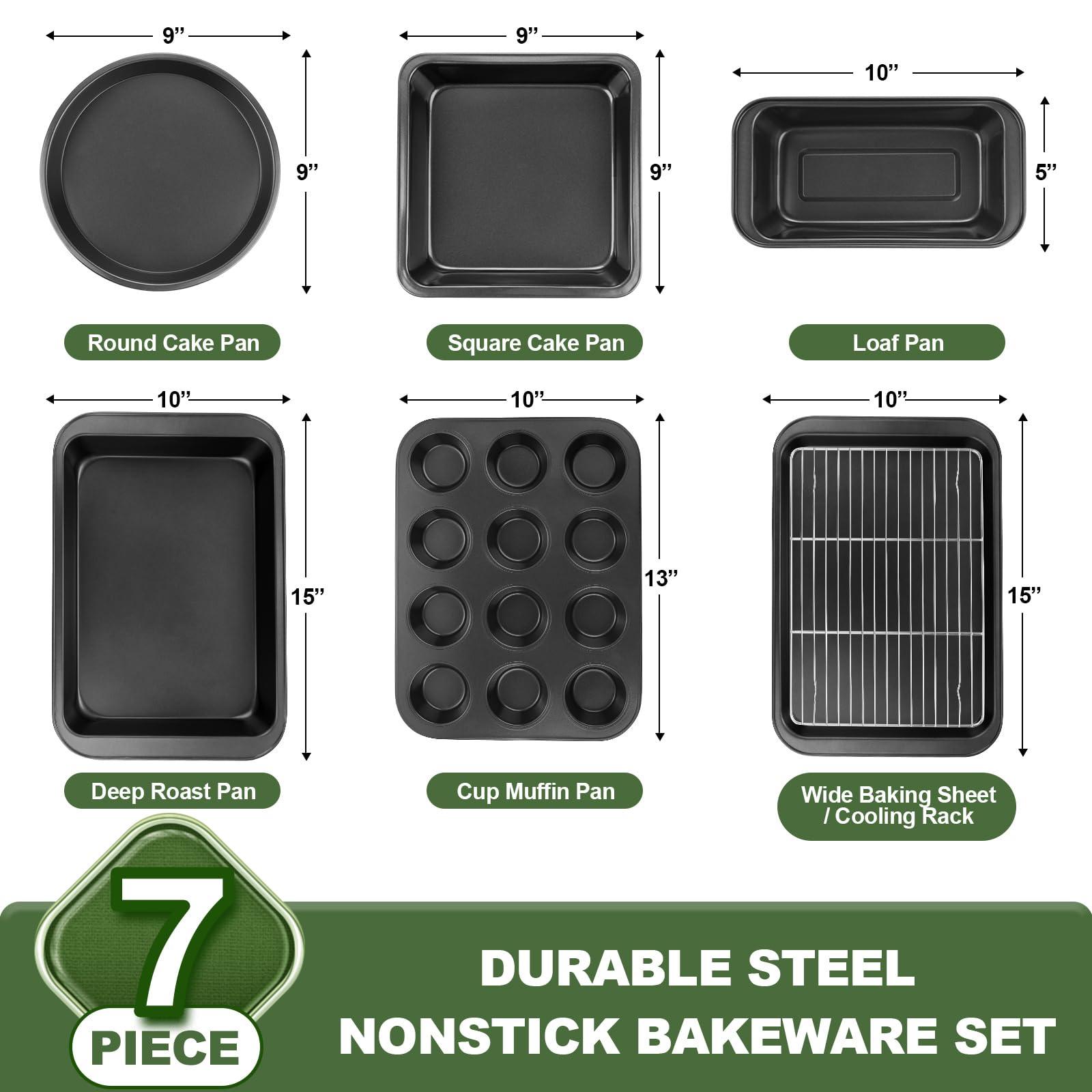 EWFEN Bakeware Sets, Baking Pans Set, Nonstick Oven Pan for Kitchen with Wider Grips, 7-Piece with Round/Square Cake Pan, Loaf Pan, Muffin Pan, Cookie Sheet, Roast Pan, Cooling Rack, Carbon Steel Bake - CookCave