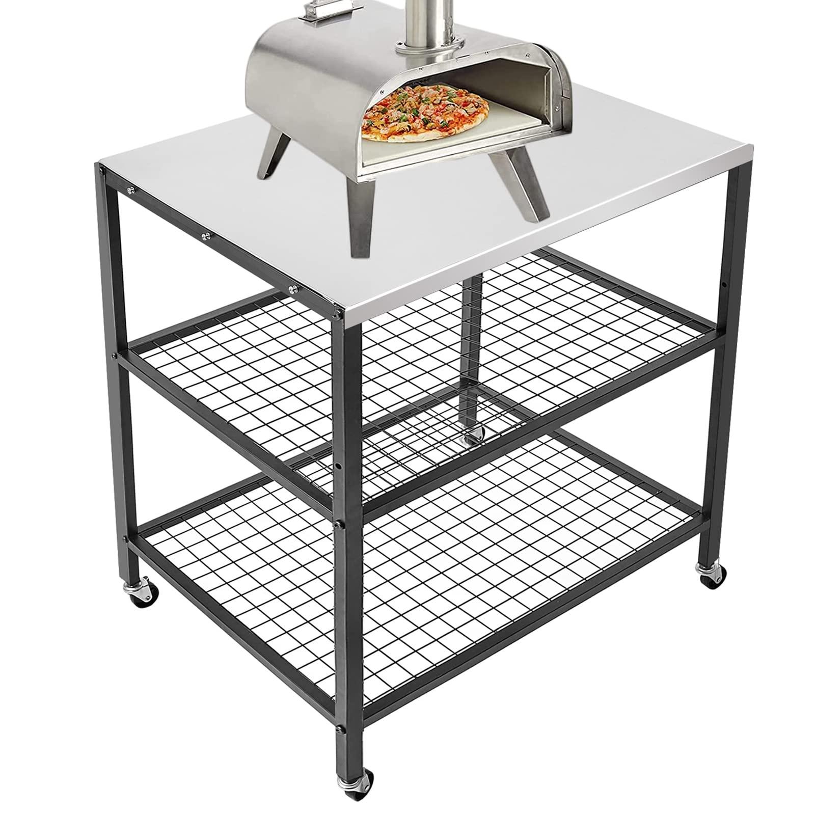 WEASHUME Stainless Steel Grill Cart Pizza Oven Stand Trolley Table with Wheels Three-Shelf Movable Food Prep and Work Cart Table Heavy Duty Grill Cart Outdoor Cart 31.5"×24"×35.5" - CookCave