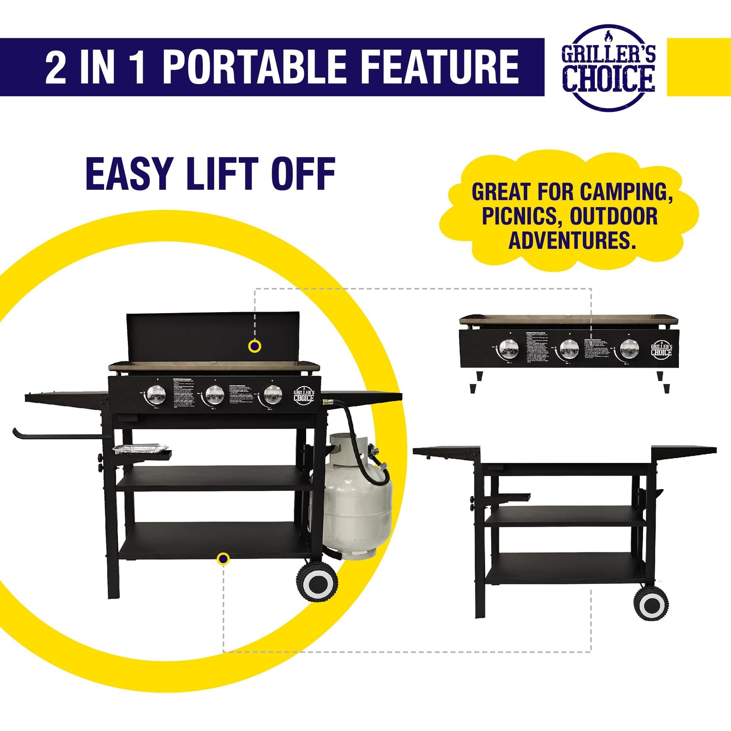 Griller's Choice Outdoor Griddle Grill Propane Gas Flat Top - Hood Included, 4 Shelves, Disposable Grease Cups, 36,000 BTU's, Large Cooking Area, Paper Towel Holder. - CookCave