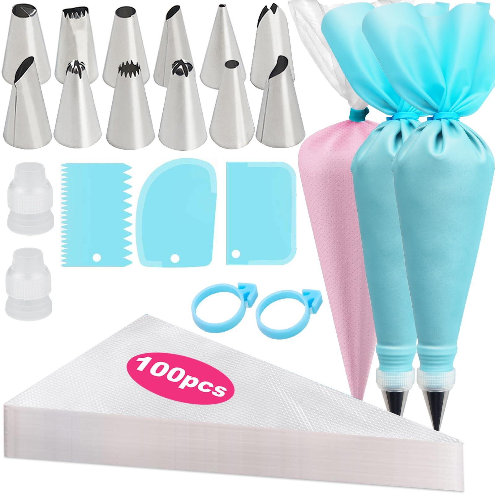 Piping Bags and Tips Set, 2 x 12 Inch Reusable Piping Bags, 100 Disposable Pastry Bags, 2 Couplers, 12 Frosting Tips, 2 Bag Ties & 3 Cake Scrapers - Complete Cake Icing Kit - CookCave