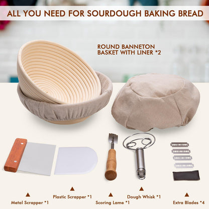 Sourdough Bread Proofing Banneton Basket - Bread Bowls Set for Rising and Baking, 9 Inch Round Baskets for Sour Dough Bread Making Starter Kits Supplies and Tools - CookCave