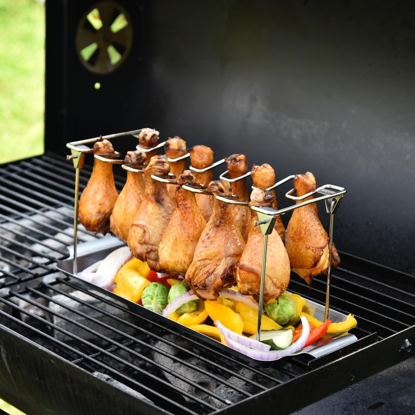 Chicken Leg Rack for Grill with Drip Tray - Easy to Use 12 Slots Chicken Wing Rack - Premium Stainless Steel Chicken Drumstick Rack for Smoker - Chicken Drumstick Holder for Grill Accessories - CookCave