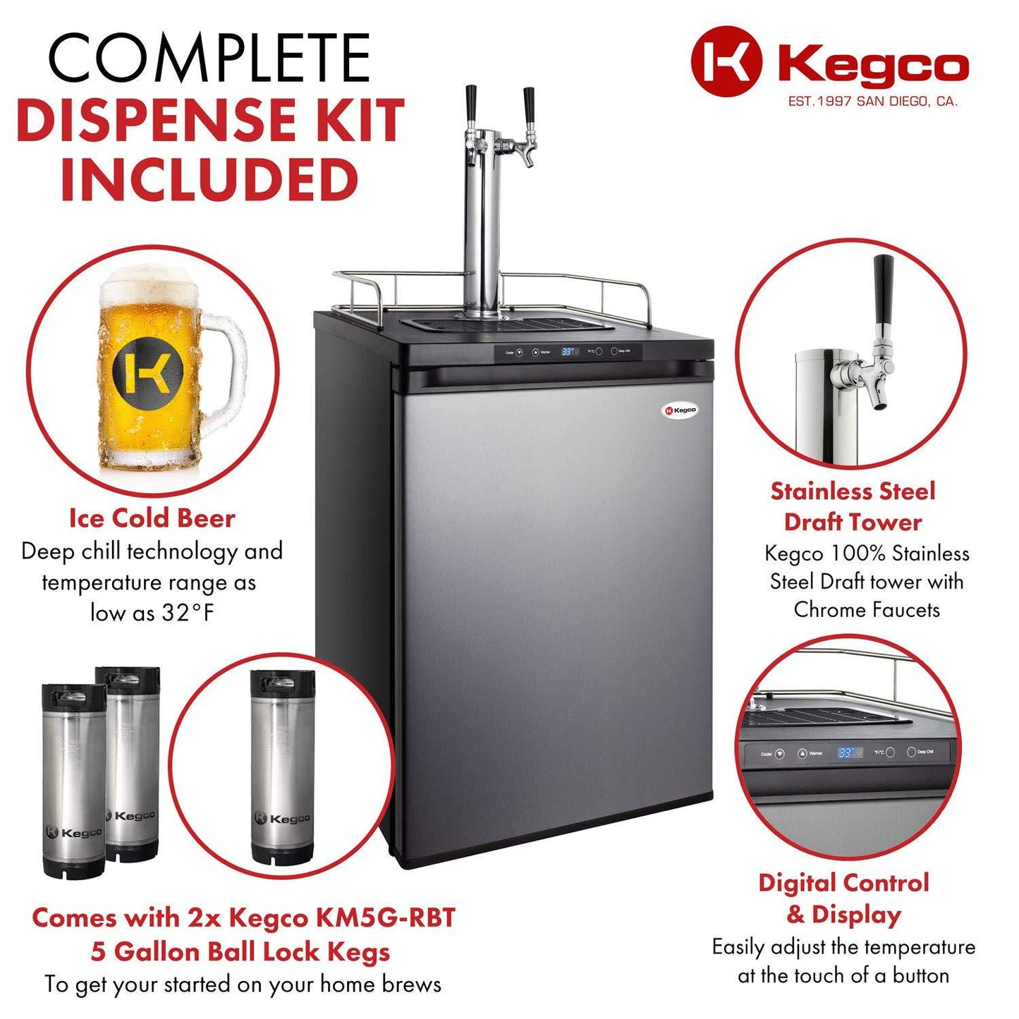 Kegco MDK-309SS-01 Keg Dispenser, Stainless Steel, 2 Tap - CookCave