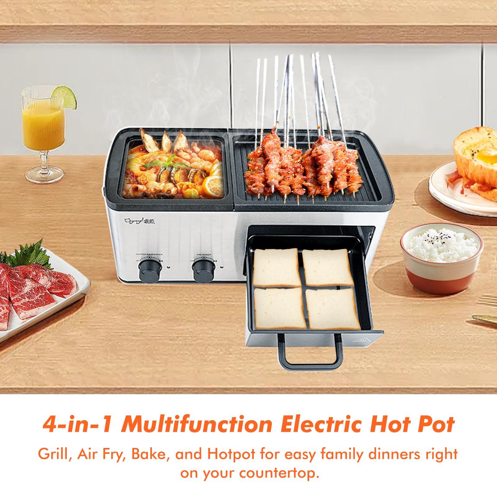 Newest 4 in 1 Hot Pot Electric with Grill and Frying Basket, Independent Dual Temperature Control, Fast Heating for Korean BBQ, Simmer, Boil, Fry, Roast, Silver - CookCave