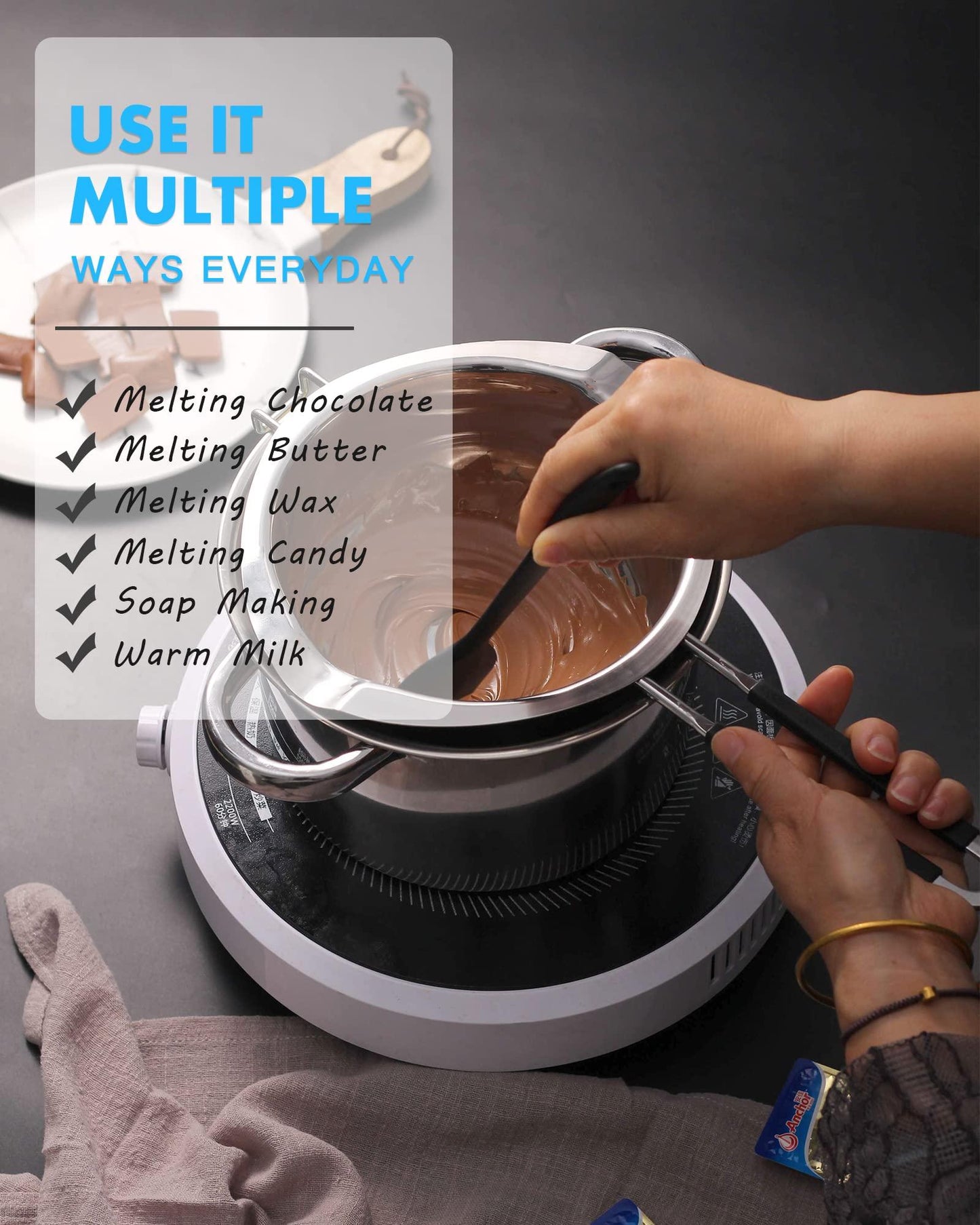 Double Boiler Pot Set,1200ML/1.1QT Double Boiler for Chocolate Melting, 2800ML/2.54QT 304 Stainless Steel Pot With Silicone Spatula for Melting Chocolate, Candy, Candle, Soap, Wax - CookCave