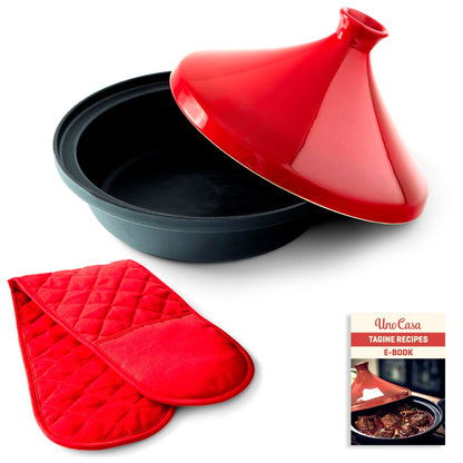 Uno Casa Cast Iron Tagine Pot Moroccan for Cooking - 3.65 Quart Tajine Pot Moroccan with Enameled Cast Iron Base and Ceramic Lid, Finest Cookware - Tangine Pot Red Double Oven Mitts Included - CookCave