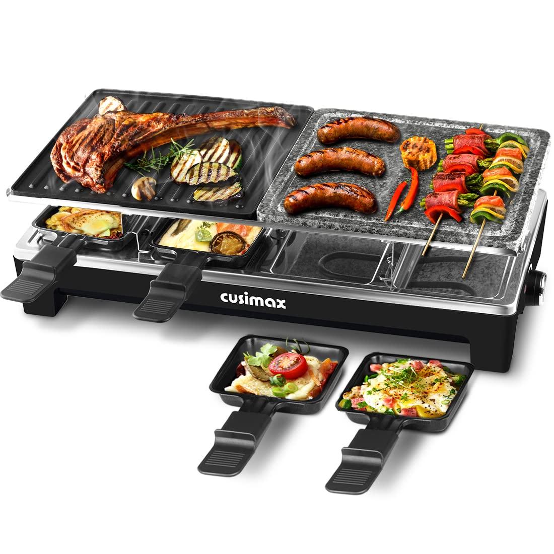 Raclette Table Grill, CUSIMAX Indoor Grill Electric Grill, Portable Korean BBQ Grill with 2 in 1 Reversible Non-stick Plate & Natural Grill Stone, 8 Raclette Pans 8 Wooden Spatulas for Family Fun - CookCave