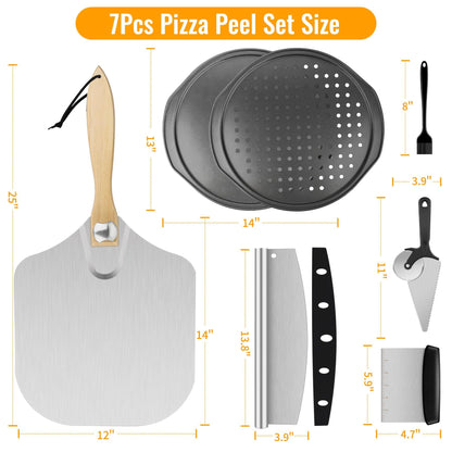 Pizza Peel Pizza Pan Set, 12" x 14" Pizza Spatula for Oven, Aluminum Pizza Paddle with Rocker Cutter Scraper Pie Server Oil Brush, Pizza Oven Accessories Tools, Baking Pizza, Dough, Bread & Pastry - CookCave