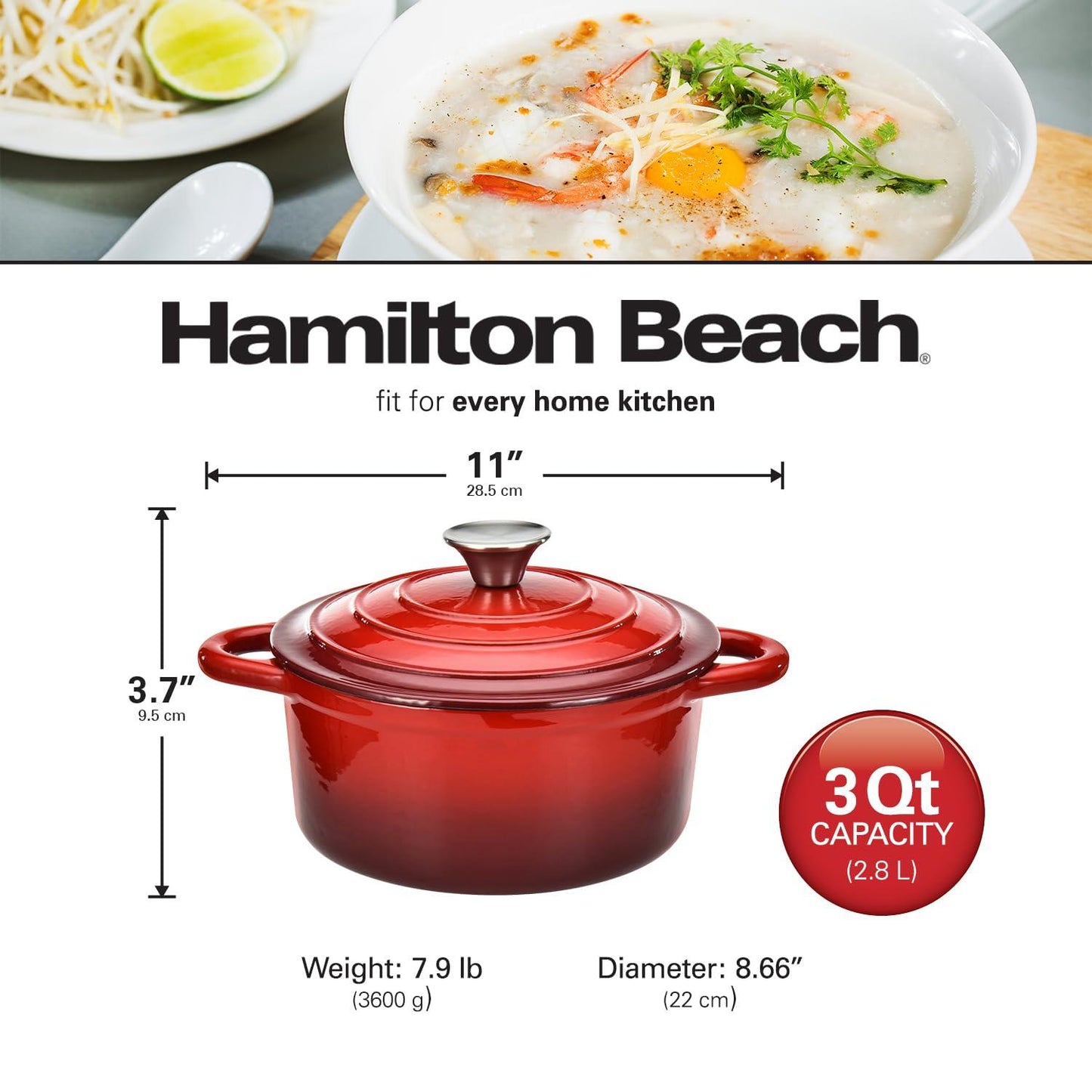 Hamilton Beach Enameled Cast Iron Dutch Oven Red (3-Quart) | Cream Enamel Coating Dutch Oven Pot with Lid | Cast Iron Dutch Oven with Even Heat Distribution | Easy Grip to Handles & Multipurpose - CookCave