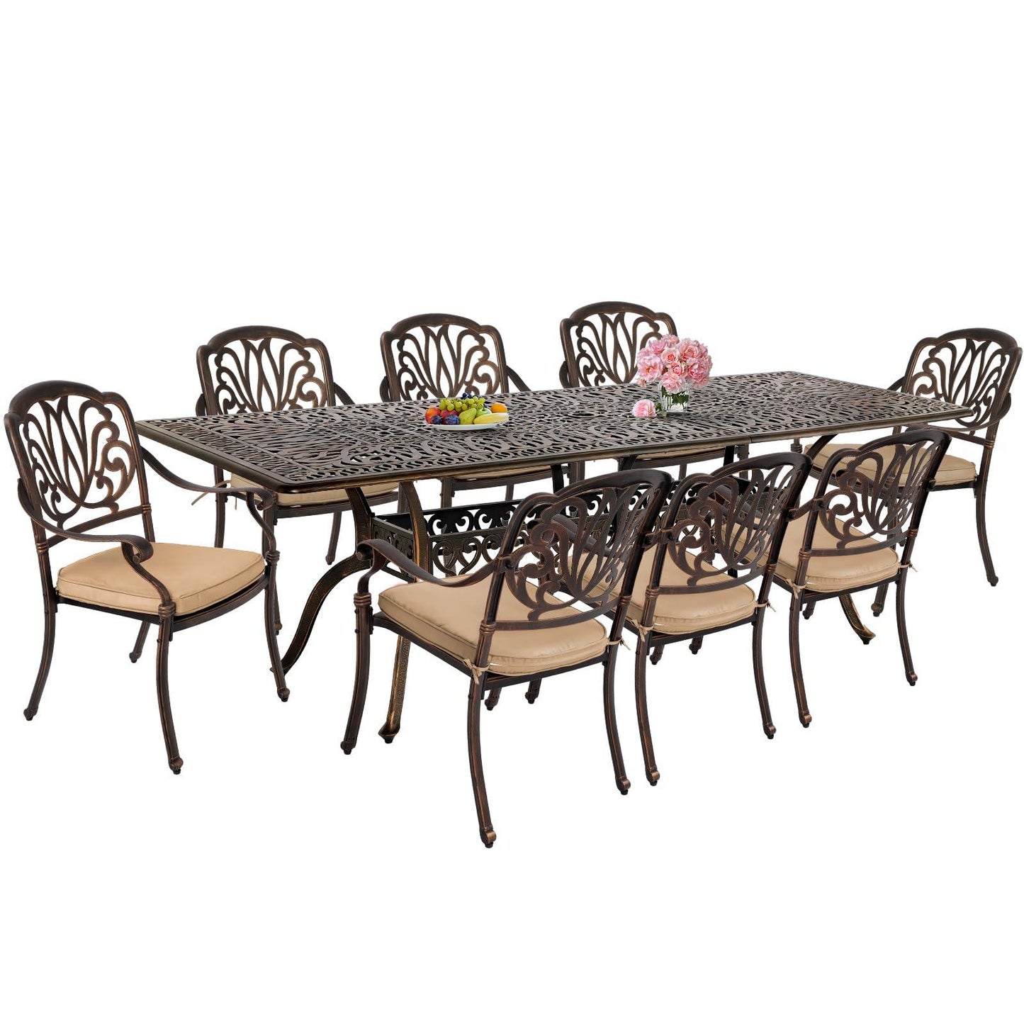 TITIMO 9-Piece Cast Aluminum Patio Furniture Set, Outdoor Dining Set Bistro Conversation Set, All-Weather Patio Dning Chairs and Rectangular Dining Set with Umbrella Hole(8 Khaki Flower Chairs) - CookCave