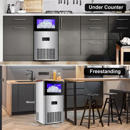 Commercial Ice Maker Machine 130LBS/24H with 35LBS Storage Bin, Stainless Steel Undercounter/Freestanding Ice Cube Maker for Home Bar Outdoor, Automatic Operation, Include Scoop, Connection Hose - CookCave