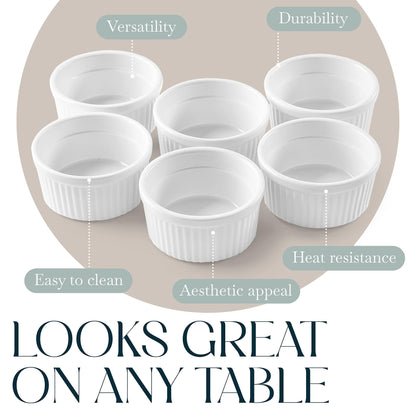 Bellemain Creme Brulee 4 oz Ramekins | Mini Casserole Dish Set, Charcuterie Bowls, Pot Pie Baking Dishes, Souffle Cups, Soy Sauce Bowls | Fluted Porcelain Bowls, Oven Safe to 500F, Set of 6 (White) - CookCave