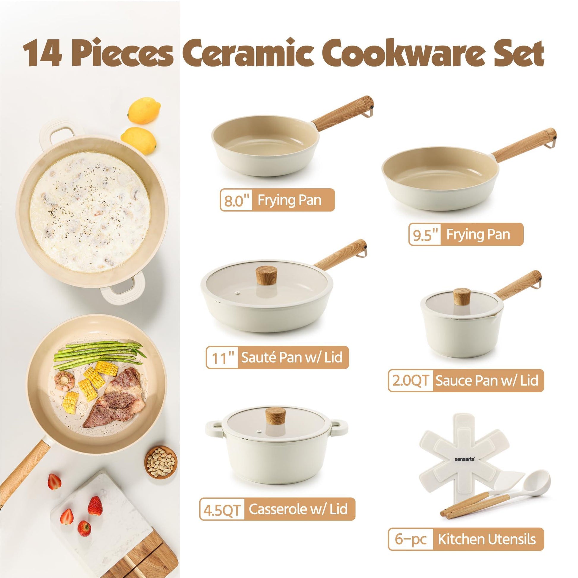 SENSARTE Ceramic Nonstick Pots and Pans Set 14pcs, Healthy Cookware Set, Non-toxic Induction Kitchen Cooking Set, Dishwasher & Oven Safe, PFAS/PTFE/PFOA Free - CookCave