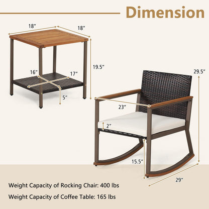 Tangkula 3 Pieces Rocking Bistro Set, Outdoor Rocker Chair with Coffee Table & Cushions, Patio Rattan Furniture Conversation Set for Balcony Porch Poolside (Off White) - CookCave